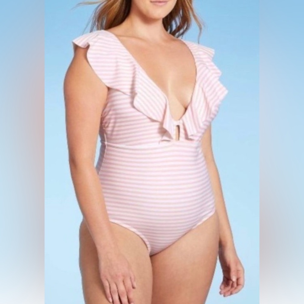 Kona Sol Pink & Cream Ruffle Medium Coverage One Piece Swimsuit Medium